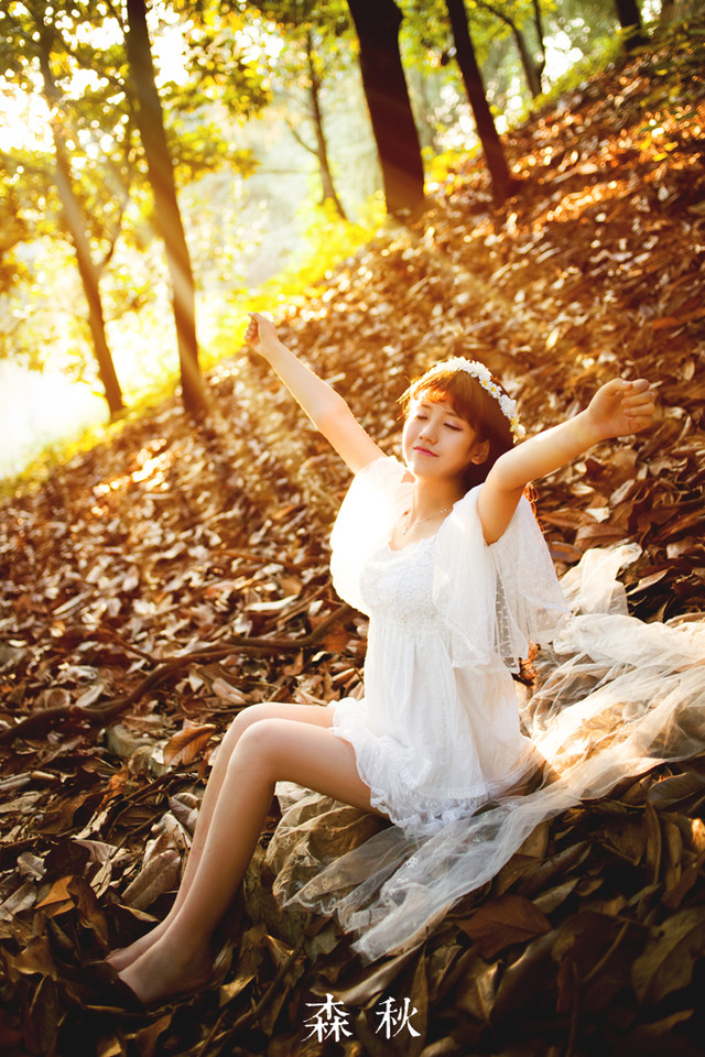 蕾丝短裙美女在深秋的森林写真图  第9张