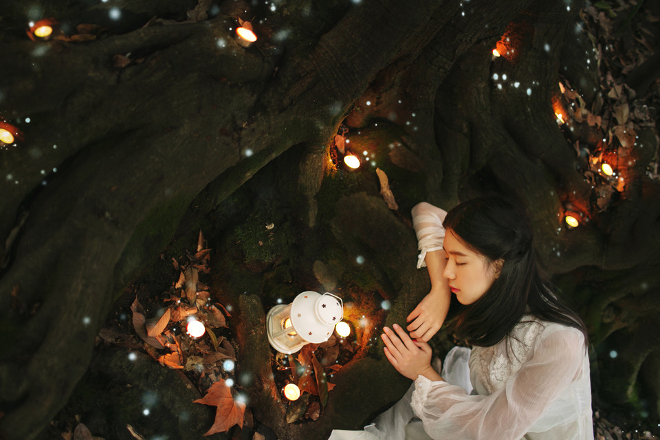 树下美女夜晚灯光点点  第7张