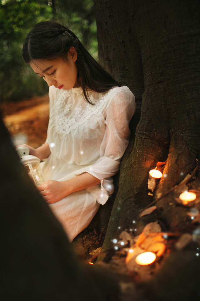 树下美女夜晚灯光点点  第6张